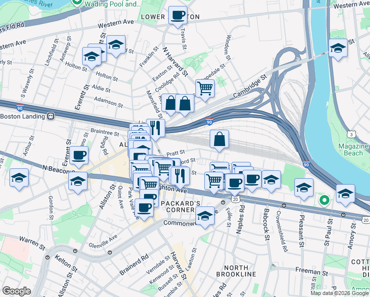 map of restaurants, bars, coffee shops, grocery stores, and more near 34R Pratt Street in Boston