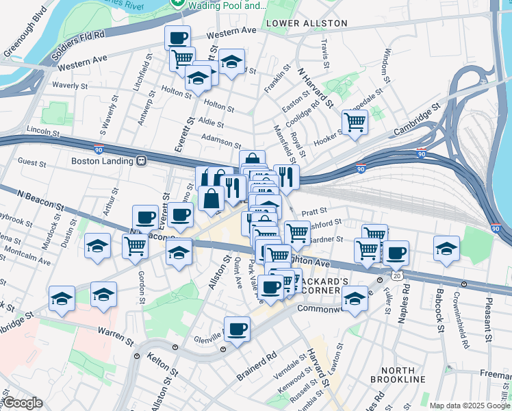 map of restaurants, bars, coffee shops, grocery stores, and more near 1 Harvard Avenue in Boston