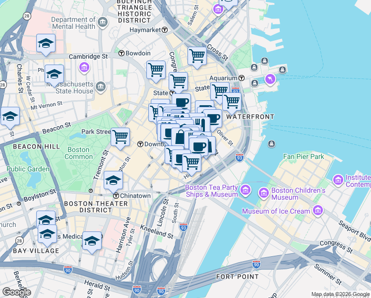 map of restaurants, bars, coffee shops, grocery stores, and more near in Boston