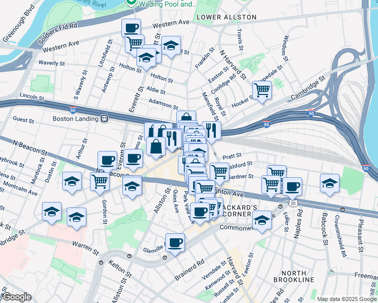 map of restaurants, bars, coffee shops, grocery stores, and more near 1 Harvard Avenue in Boston