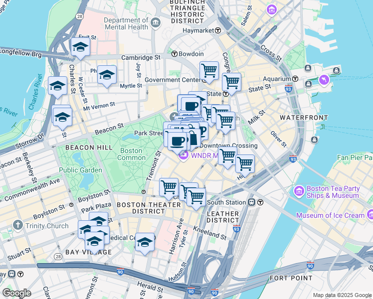 map of restaurants, bars, coffee shops, grocery stores, and more near 450 Washington Street in Boston