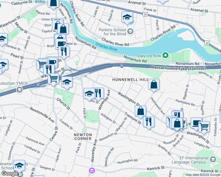map of restaurants, bars, coffee shops, grocery stores, and more near 101 Washington Street in Newton