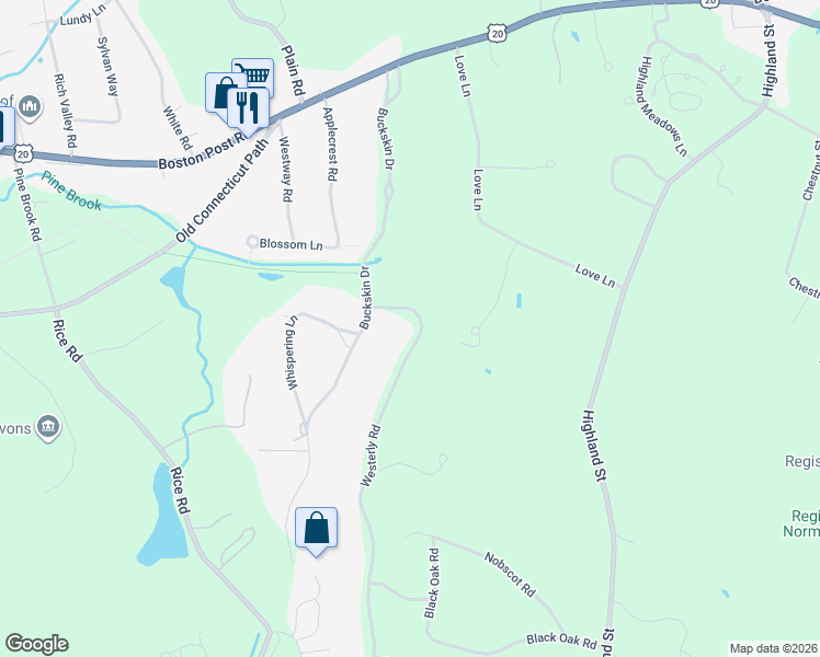 map of restaurants, bars, coffee shops, grocery stores, and more near 21 Westerly Road in Weston