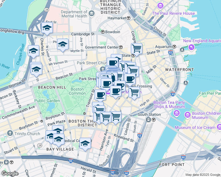 map of restaurants, bars, coffee shops, grocery stores, and more near 450 Washington Street in Boston