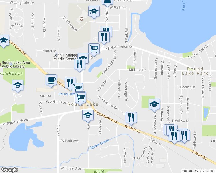 map of restaurants, bars, coffee shops, grocery stores, and more near 346 Lawn Terrace in Round Lake