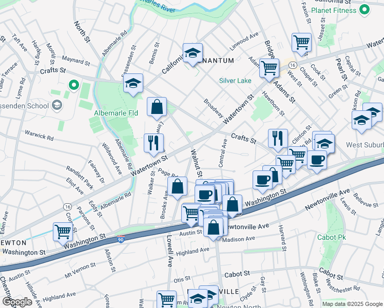 map of restaurants, bars, coffee shops, grocery stores, and more near 57 Lowell Avenue in Newton