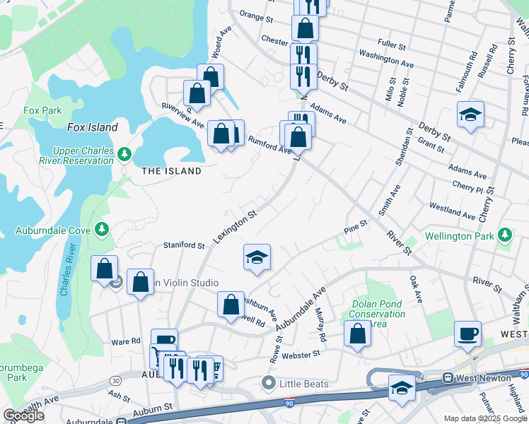 map of restaurants, bars, coffee shops, grocery stores, and more near 12 Roberta Road in Newton