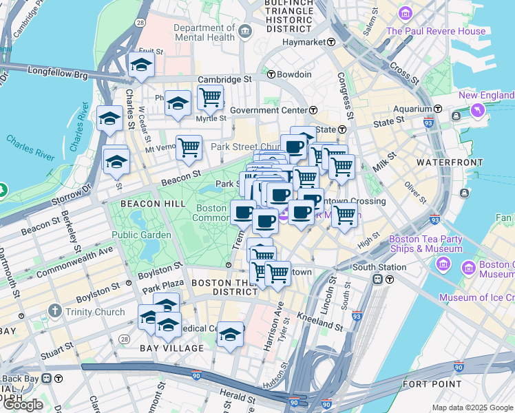 map of restaurants, bars, coffee shops, grocery stores, and more near 10 Temple Place in Boston