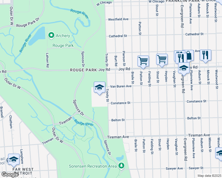 map of restaurants, bars, coffee shops, grocery stores, and more near 8506 Trinity Street in Detroit