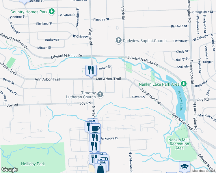 map of restaurants, bars, coffee shops, grocery stores, and more near 8945 Hanlon Avenue in Livonia