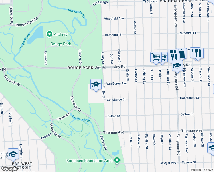 map of restaurants, bars, coffee shops, grocery stores, and more near 8506 Trinity Street in Detroit