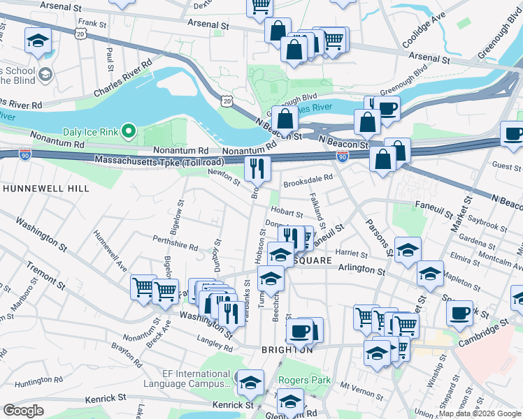 map of restaurants, bars, coffee shops, grocery stores, and more near 92 Hobart Street in Boston