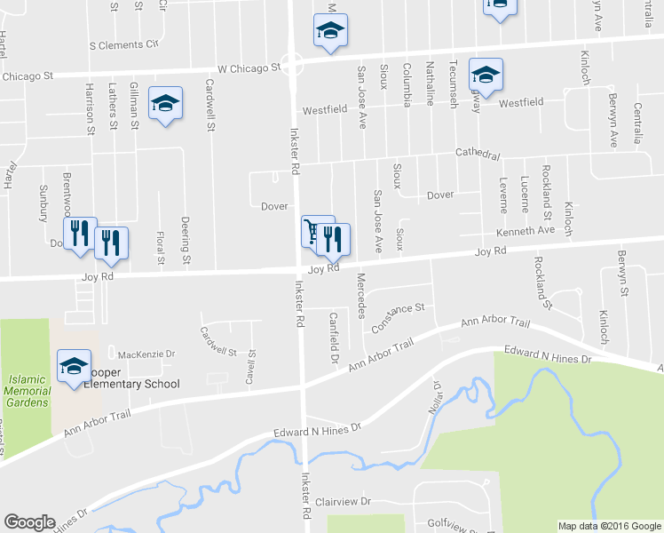 map of restaurants, bars, coffee shops, grocery stores, and more near 27255 Joy Rd in Dearborn Heights