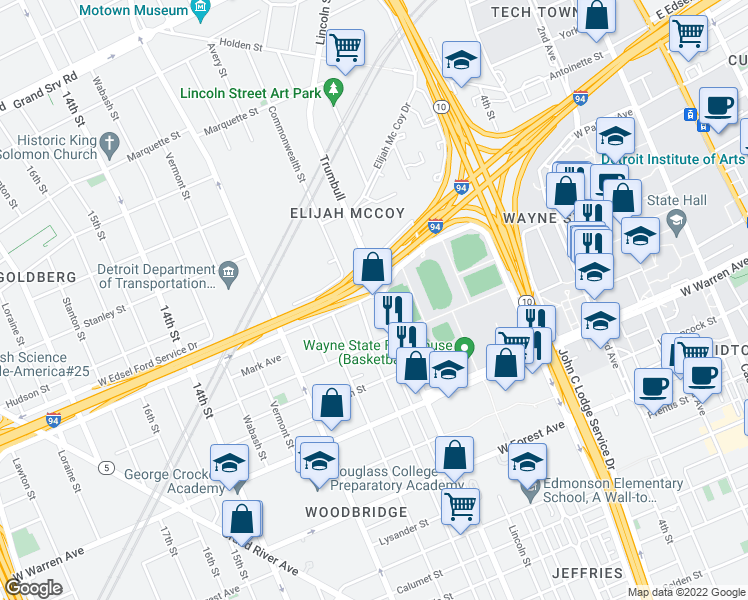 map of restaurants, bars, coffee shops, grocery stores, and more near 5287 Trumbull in Detroit