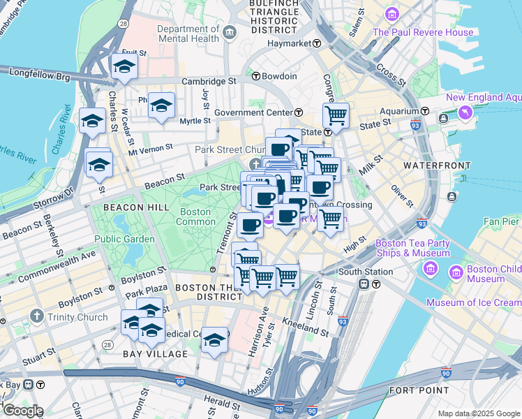 map of restaurants, bars, coffee shops, grocery stores, and more near 450 Washington Street in Boston