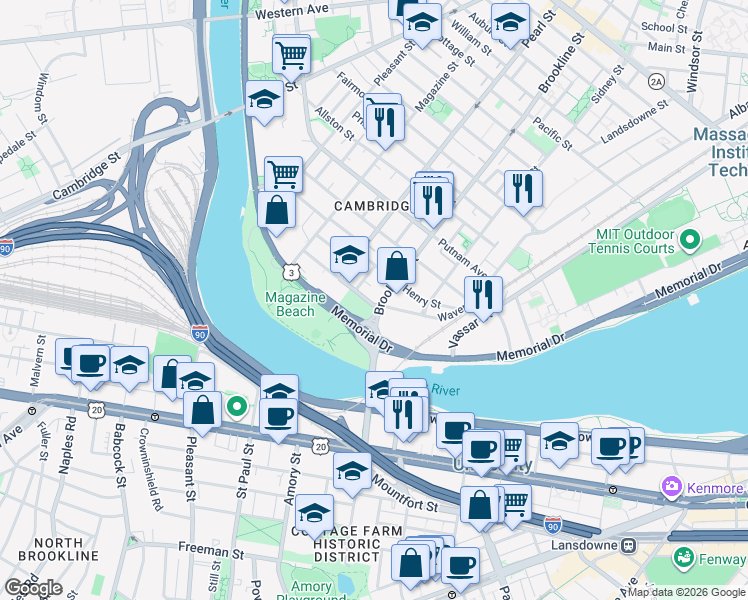 map of restaurants, bars, coffee shops, grocery stores, and more near 57 Granite Street in Cambridge
