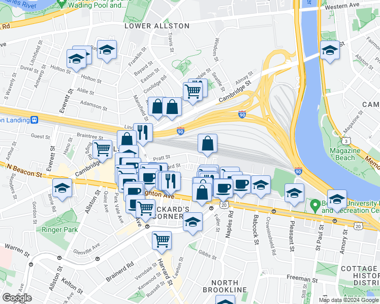 map of restaurants, bars, coffee shops, grocery stores, and more near 4 Wadsworth Street in Boston