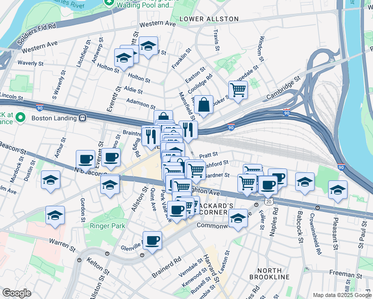 map of restaurants, bars, coffee shops, grocery stores, and more near 16 Highgate Street in Boston