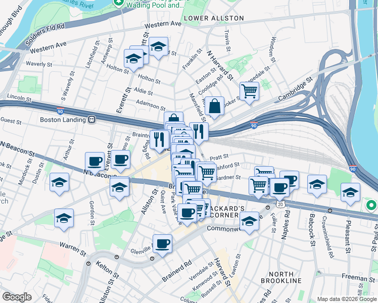 map of restaurants, bars, coffee shops, grocery stores, and more near 16 Highgate Street in Boston