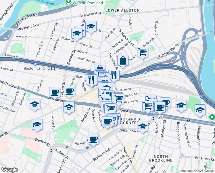 map of restaurants, bars, coffee shops, grocery stores, and more near 16 Highgate Street in Boston