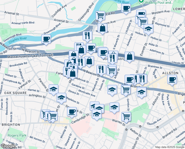 map of restaurants, bars, coffee shops, grocery stores, and more near 160 North Beacon Street in Boston