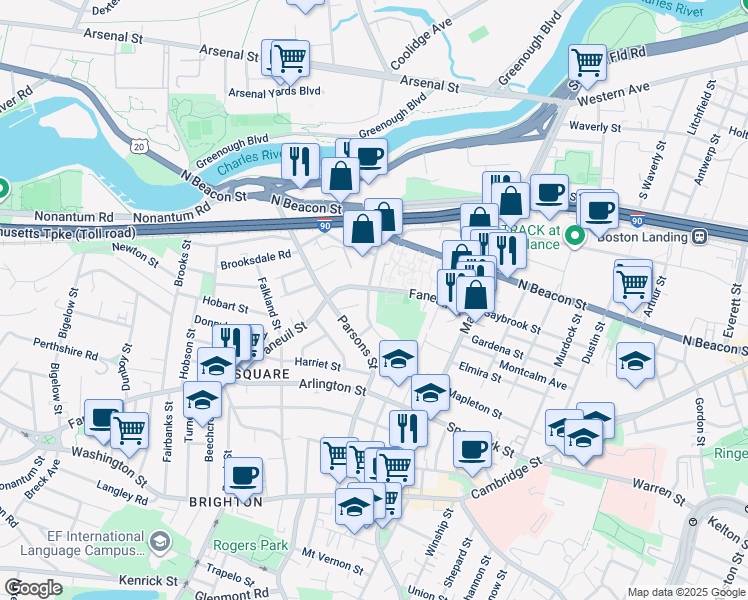 map of restaurants, bars, coffee shops, grocery stores, and more near 52 Goodenough Street in Boston