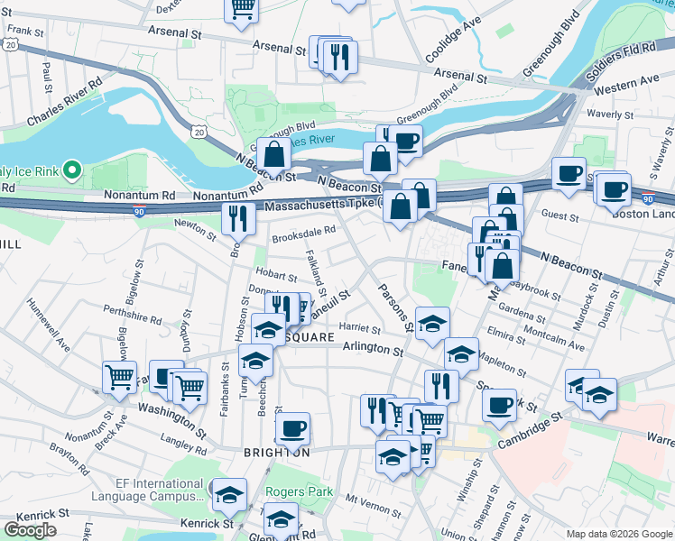 map of restaurants, bars, coffee shops, grocery stores, and more near 6 Cresthill Road in Boston