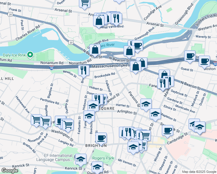 map of restaurants, bars, coffee shops, grocery stores, and more near 37-39 Falkland Street in Boston