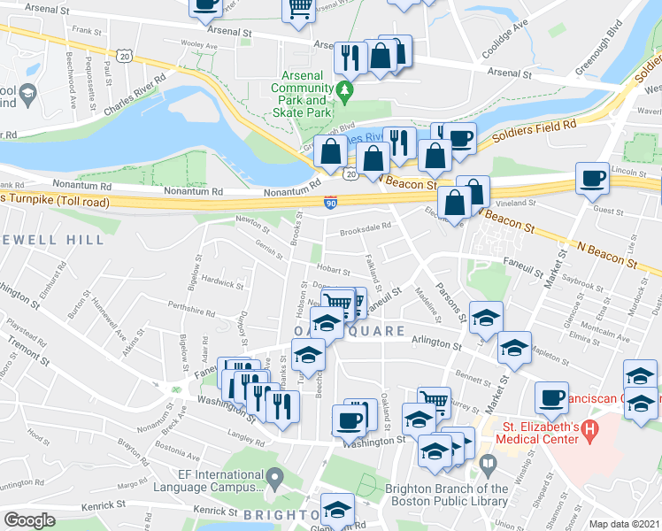 map of restaurants, bars, coffee shops, grocery stores, and more near 20 Corinne Road in Boston