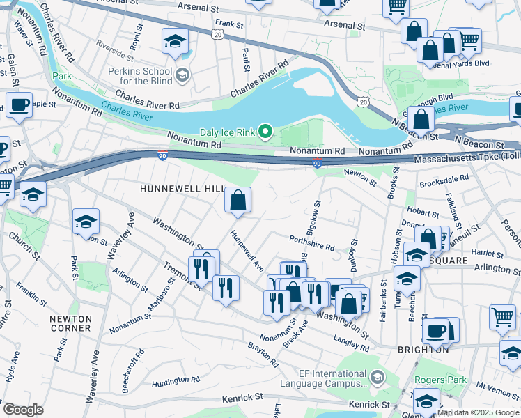 map of restaurants, bars, coffee shops, grocery stores, and more near 82 Presentation Road in Boston
