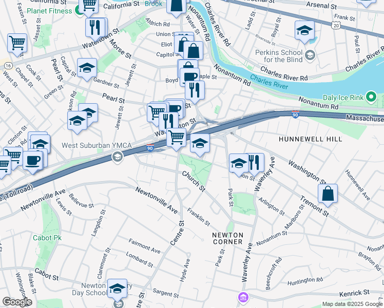 map of restaurants, bars, coffee shops, grocery stores, and more near 430 Centre Street in Newton
