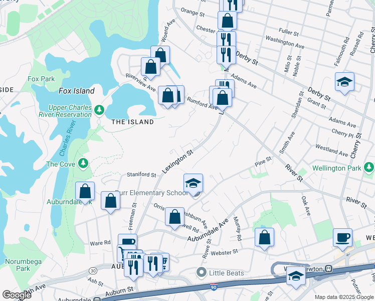 map of restaurants, bars, coffee shops, grocery stores, and more near in Newton