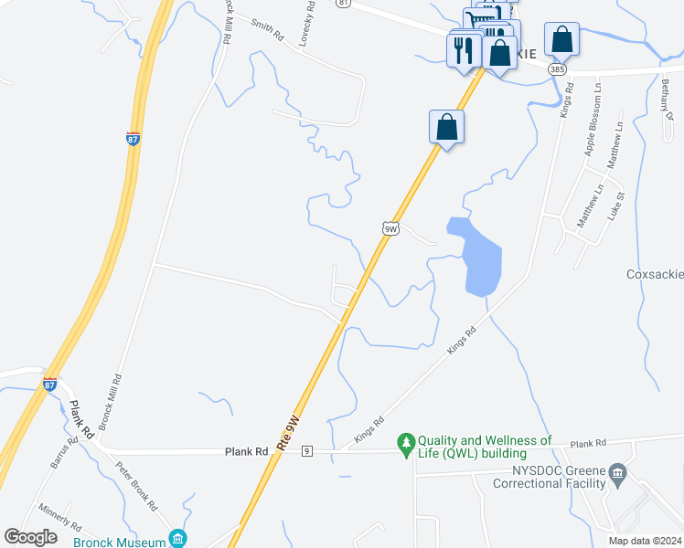 map of restaurants, bars, coffee shops, grocery stores, and more near 11559 State Route 9w in Coxsackie