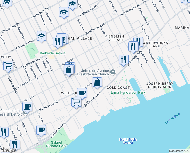 map of restaurants, bars, coffee shops, grocery stores, and more near 1040 Iroquois Avenue in Detroit