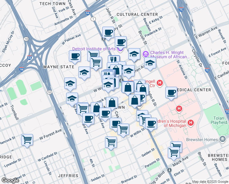 map of restaurants, bars, coffee shops, grocery stores, and more near 98 West Hancock Street in Detroit