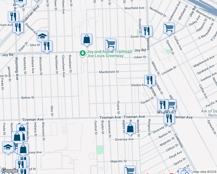 map of restaurants, bars, coffee shops, grocery stores, and more near 7540 Alaska Avenue in Detroit