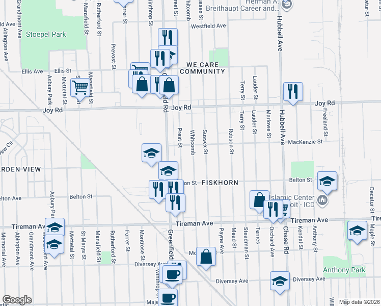 map of restaurants, bars, coffee shops, grocery stores, and more near 8338 Whitcomb in Detroit