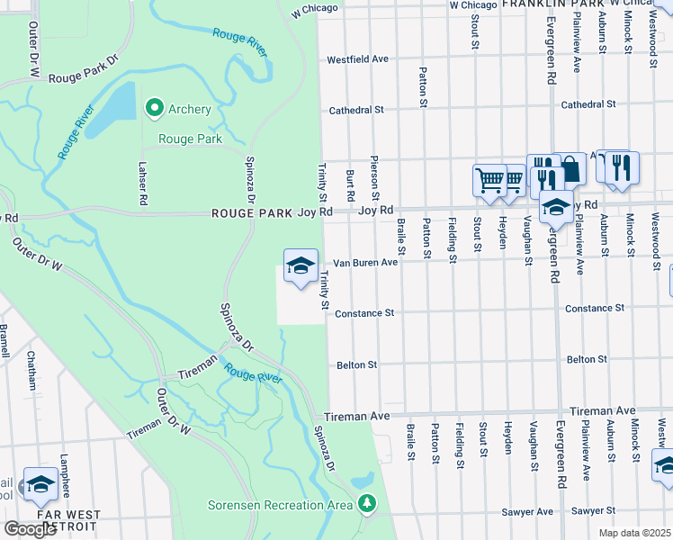 map of restaurants, bars, coffee shops, grocery stores, and more near 8506 Trinity Street in Detroit