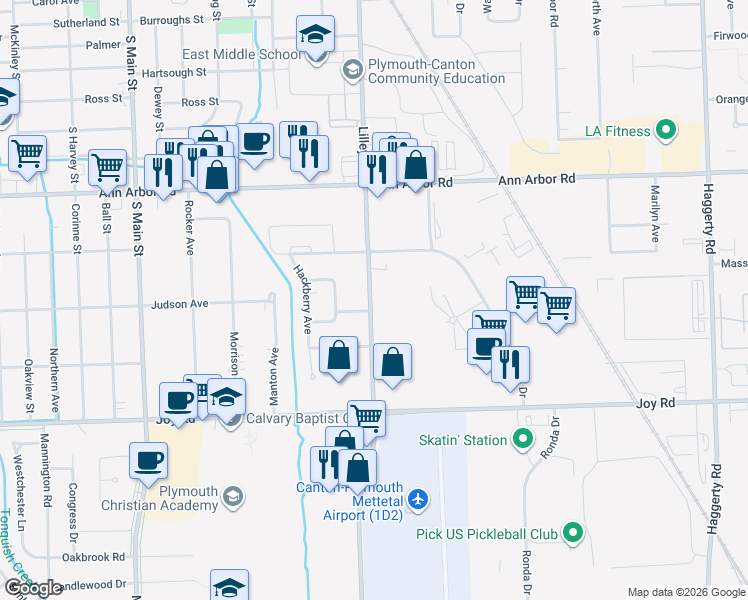 map of restaurants, bars, coffee shops, grocery stores, and more near 9161 North Lilley Road in Plymouth