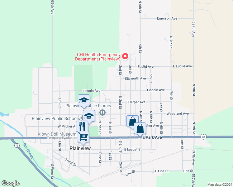 map of restaurants, bars, coffee shops, grocery stores, and more near North 2nd Street in Plainview