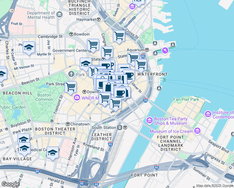 map of restaurants, bars, coffee shops, grocery stores, and more near 100 Federal Street in Boston