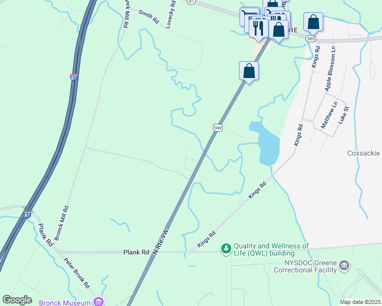 map of restaurants, bars, coffee shops, grocery stores, and more near 11559 Route 9W in Coxsackie
