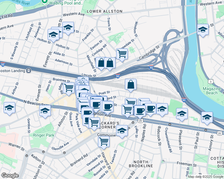 map of restaurants, bars, coffee shops, grocery stores, and more near 34R Pratt Street in Boston