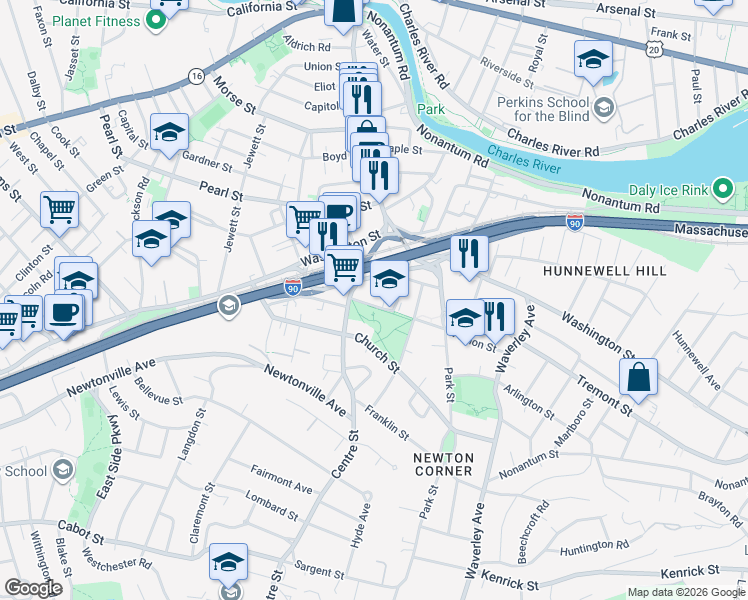 map of restaurants, bars, coffee shops, grocery stores, and more near 430 Centre Street in Newton