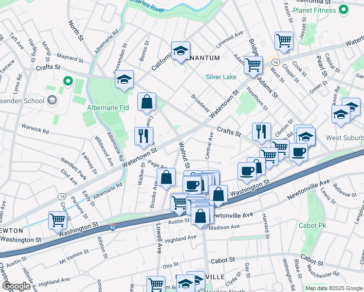 map of restaurants, bars, coffee shops, grocery stores, and more near Walnut St & Lowell Ave in Newton