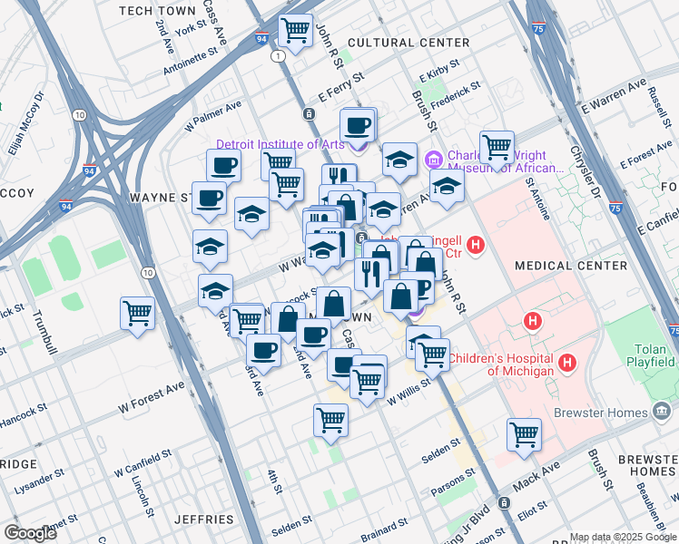 map of restaurants, bars, coffee shops, grocery stores, and more near 98 West Hancock Street in Detroit