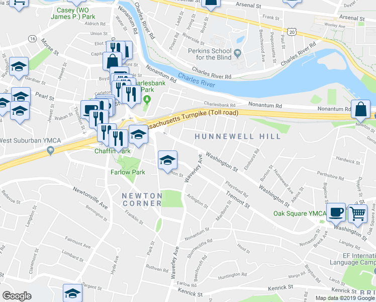 map of restaurants, bars, coffee shops, grocery stores, and more near 108 Washington Street in Newton
