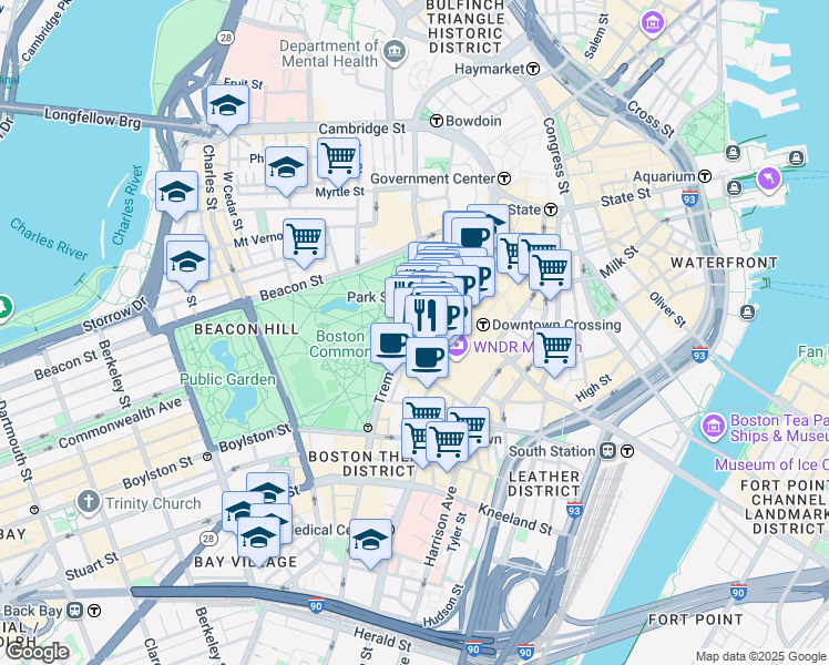map of restaurants, bars, coffee shops, grocery stores, and more near in Boston