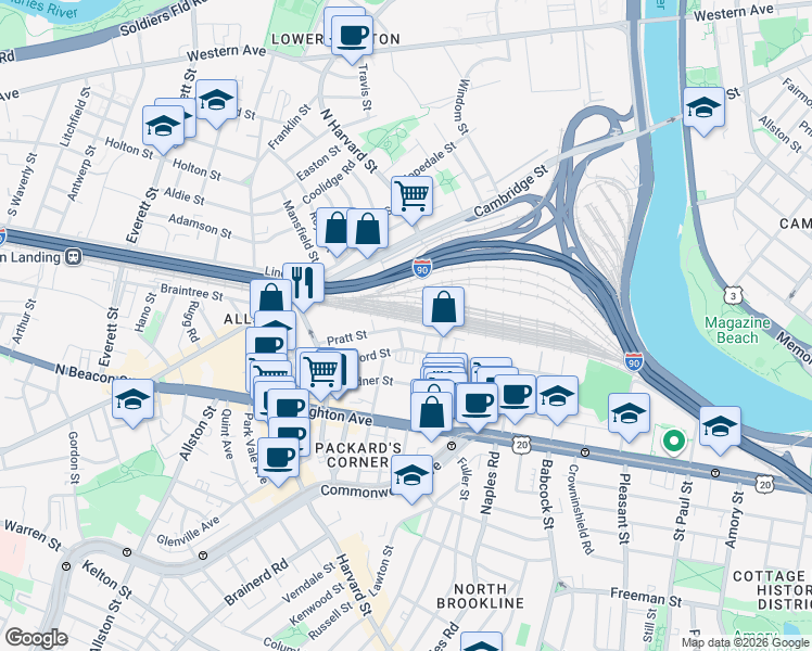 map of restaurants, bars, coffee shops, grocery stores, and more near 4 Wadsworth Street in Boston