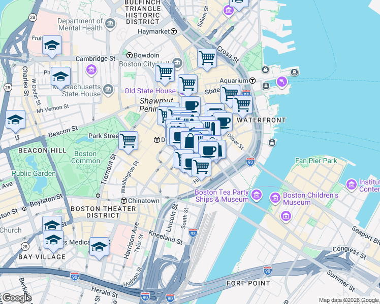 map of restaurants, bars, coffee shops, grocery stores, and more near in Boston